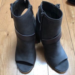 GRAY AND BROWN BOOTS size 8 peep toe and open back